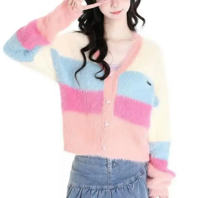 

2024 Women'S Rainbow Stripe V-Neck Knitted Korean Style Cardigan Jacket Slouchy Preppi College Student Wear Soft Glut Sweater