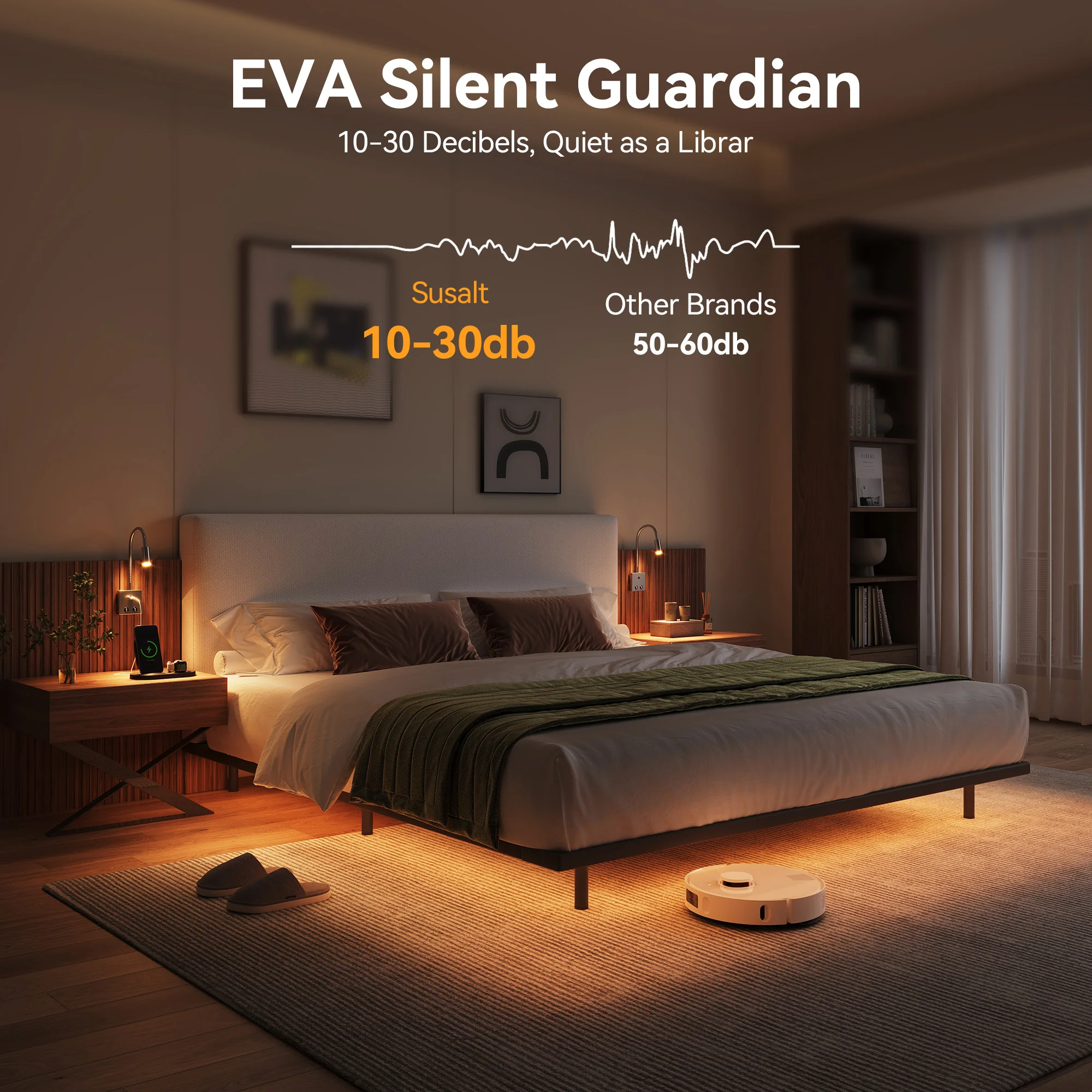 King Size Bed with Integrated Nightstands & Reading Lamps, Wide Headboard with LED Strip Lights, Multifunctional Bedroom Furniture Combination - view 2