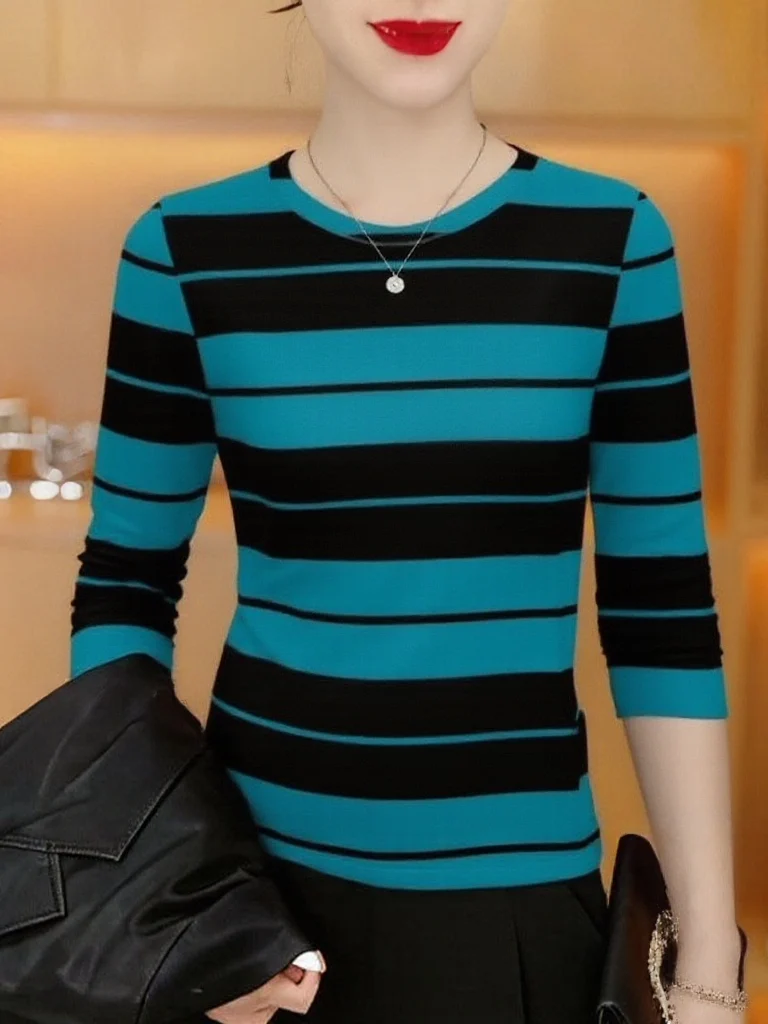 

Элегантная женская футболка в полоску с длинным рукавом, приталенная, повседневная, комфортная, стройнящая, для женщин среднего возраста, из полиэстера, с круглым вырезом