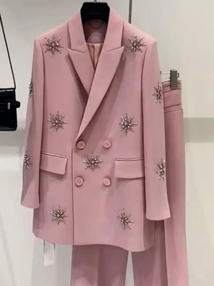 2023 autunno nuove donne abiti rosa Blazer doppio petto in rilievo giacca in due pezzi set vestiti femminili alla moda Y4403