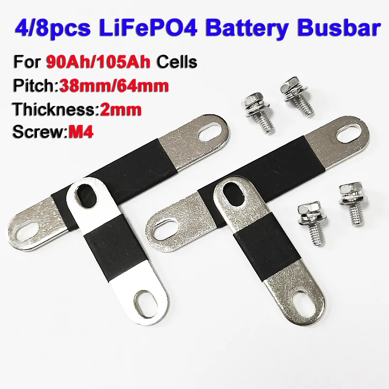 4/8pcs LiFePO4 Battery Busbar 38/64mm Hole Spacing 2mm Thick Nickel-Plated Copper Connector with M4 Screw For 90AH 105AH Cells