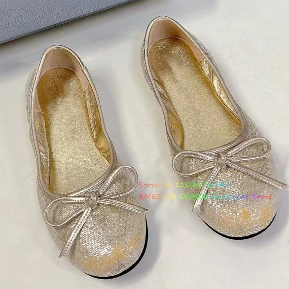 

Summer Runway Ballet Shoes Stain Round Toe Bow Flat Bottom One Step Casual Shallow Gold Gradient Comfort Single Shoes For Ladies