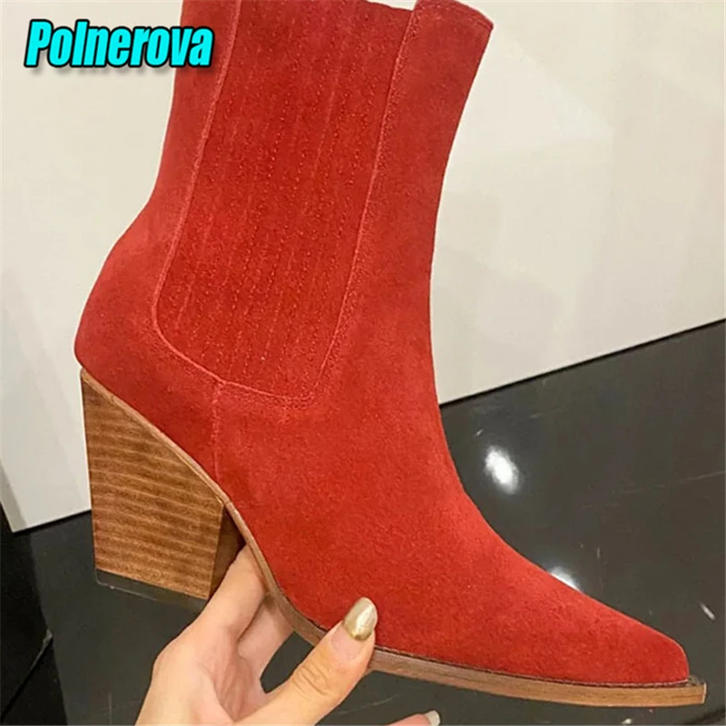 

Retro Western Cowboy Boots for Women Cow Suede Pointed Toe Thick Heels Short Booties Autumn Winter New Med Heel Female Shoes