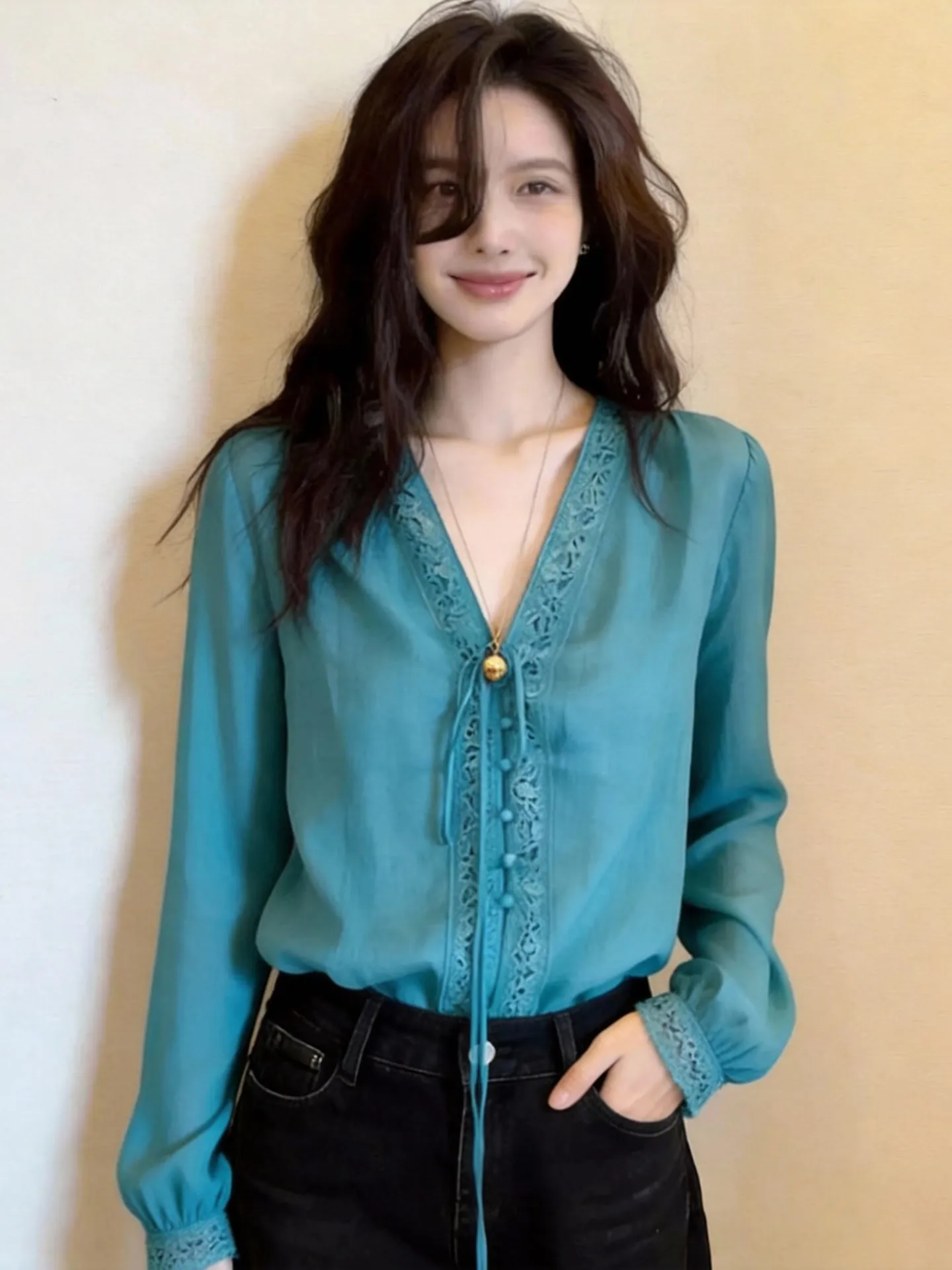 

Casual Lace Trim Long Sve V-Ne irt Women's Commute Sle Blue irt Ele Small ence Spring Design Sense