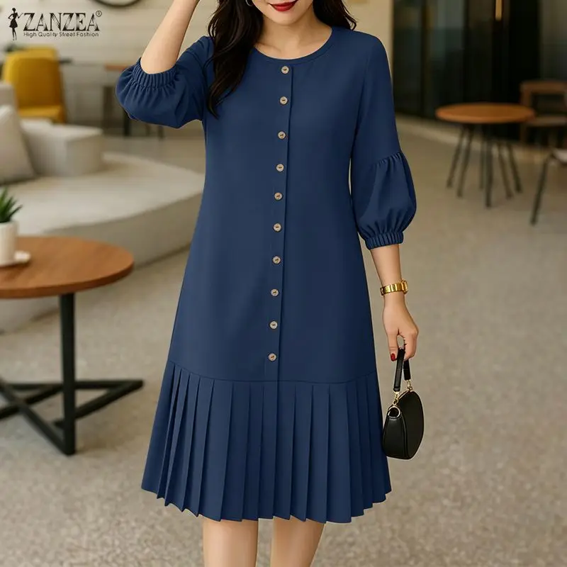 ZANZEA Damen-Midikleid mit plissiertem Saum, O-Ausschnitt, 3/4-Laternenärmel, einfarbig, mittellange Kleider, Sommer, Alltag, Freizeit, Roben für Damen