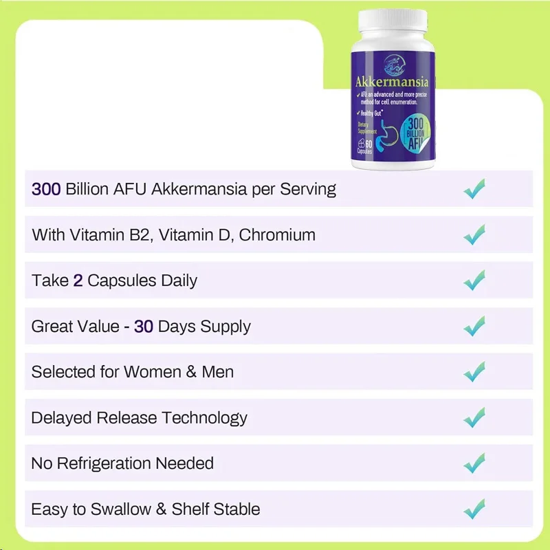 300 billion AFU Akkermansia Muciniphila live probiotic digestion, gut, immunity, and overall health, 60 capsules