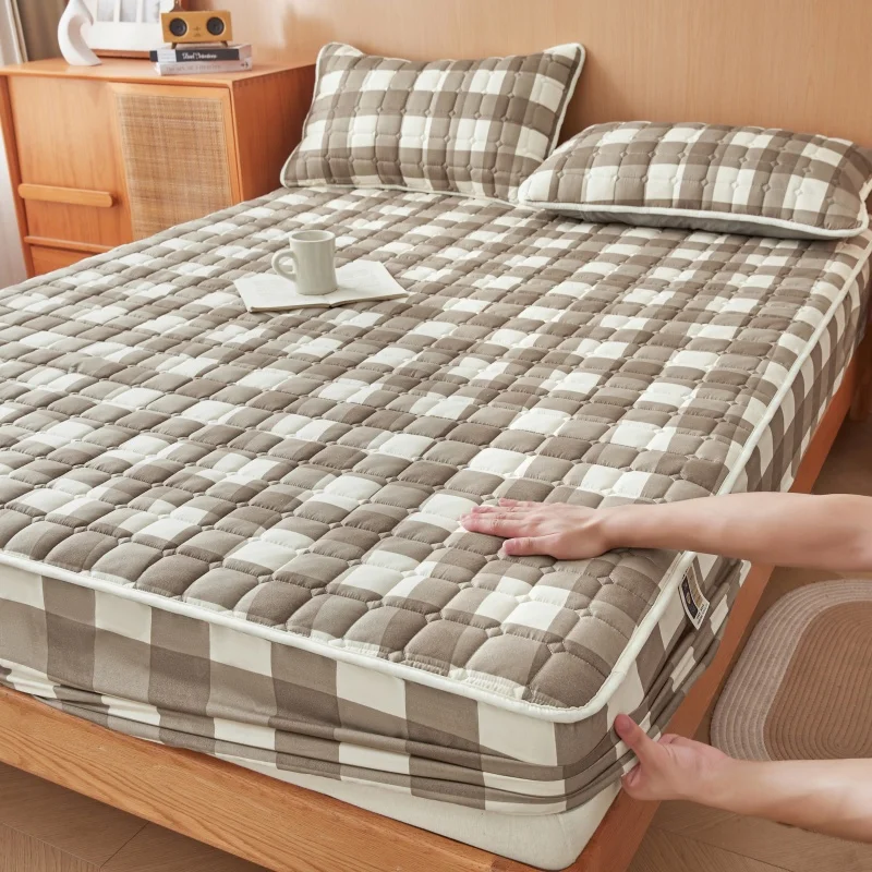 1pc Plaid Printed Mattress Cover Quilted Fitted Bed Sheet cubre colchón Single/Queen/King Size Thick Mattress Protector 침대커버