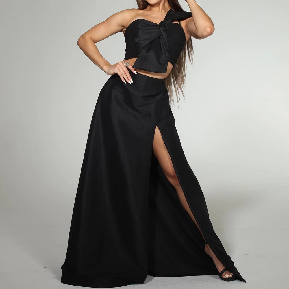 Customized Exquisite One Shoulder Strapless Satin Bow Evening Dress Graceful Zipper Back Front Slit Black Vestido De Festa