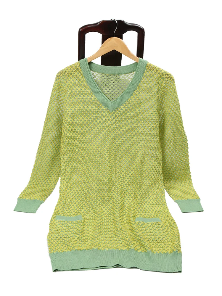 

Autumn Women's Thin Hollow V-ne Long Sve Knitted Woolen Base irt Comfortable Slim Fit Long Sle ential Wardrobe Piece