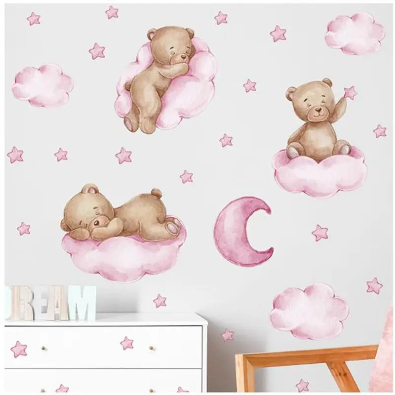 Cartoon Pink Blue Teddy Bear, Good Night Clouds Moon Clouds, Children's Bedroom, Home, Wall Decoration, Wall Stickers