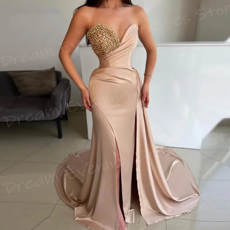 Elegant Champagne Women's Mermaid Beautiful Evening Dresses Charming Strapless Pleated Prom Gowns Pearls Beaded Robe De Soiree