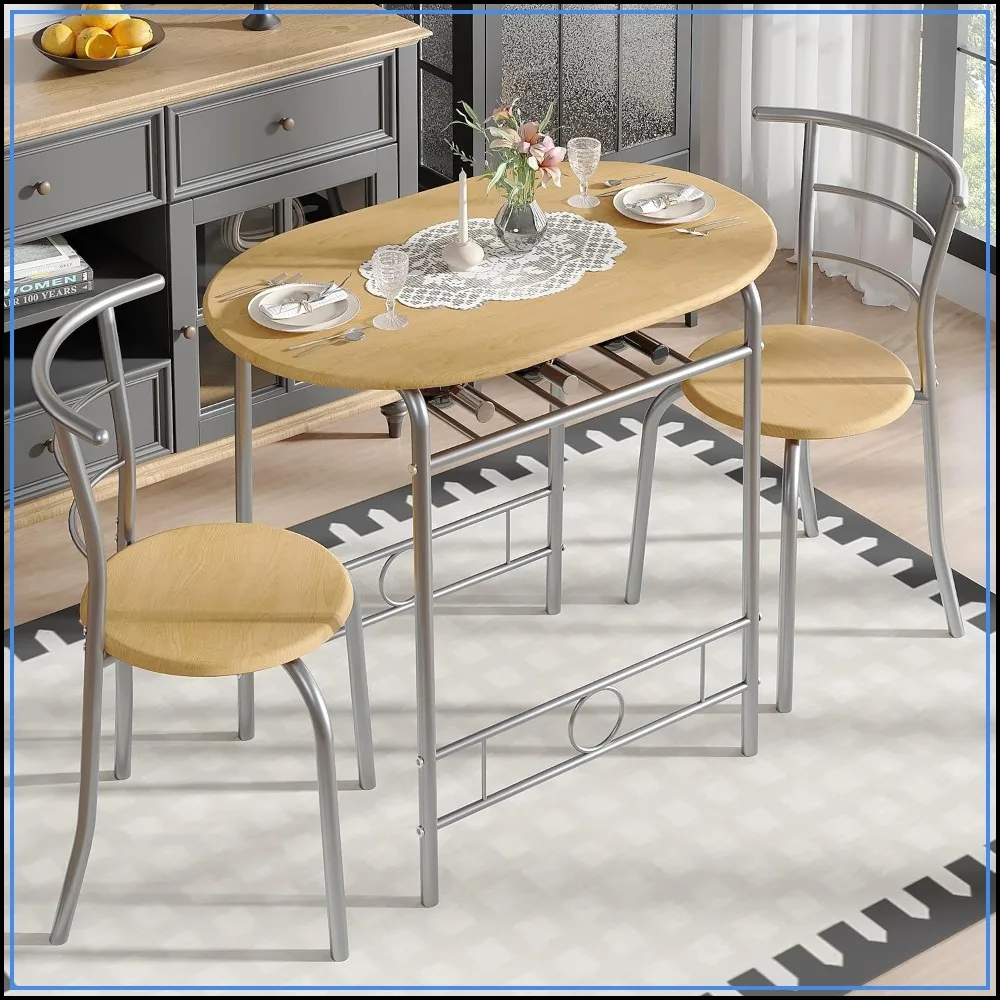 3-Piece Dining Table Set for Kitchen Breakfast Nook, Oval Wood Grain Top, Metal Frame with Wine Rack