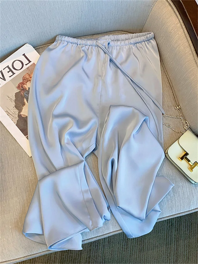 Blue Silk Charmeuse Loose Casual Pants Draped Lightweight Summer Fren Pants Straightleggings Belted Loose Fit
