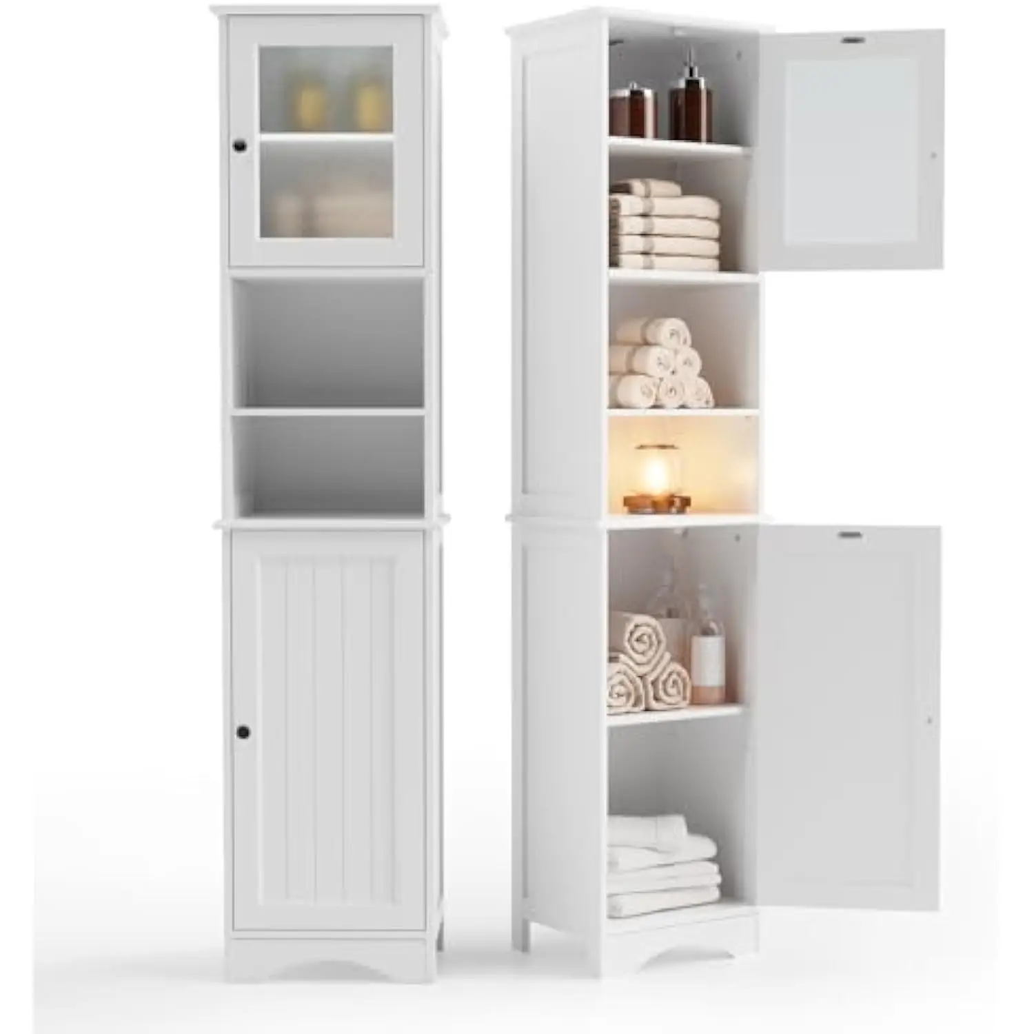 

67.1 Tall Bathroom Storage Cabinet with Adjustable Shelves, Narrow Tall Linen Tower with Open Shelves, Two-Way Doors Freestand