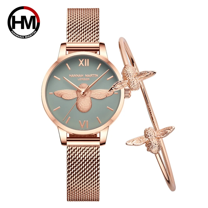 Hannah Martin Brand Women Luxury Watch Green 31mm Classic Casual Girl Watch Bracelet Set 3D Engraved Bee Dial Clock Women Watch