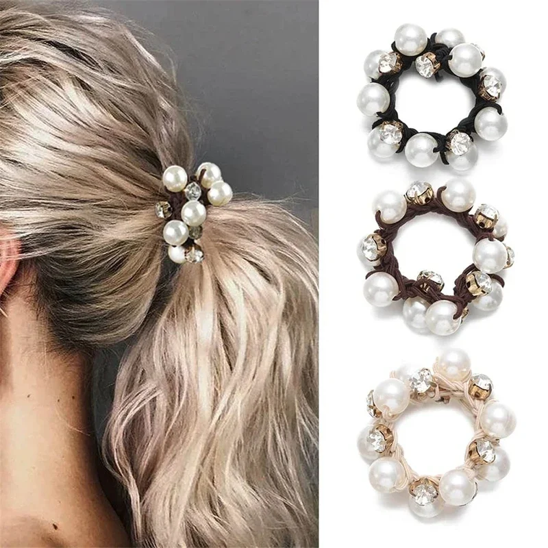 

3pcs Paux Pearl Brimmed Hair Tie Glitter Rhinestone Decor Hair Rope Retro Style Scrunchies For Women
