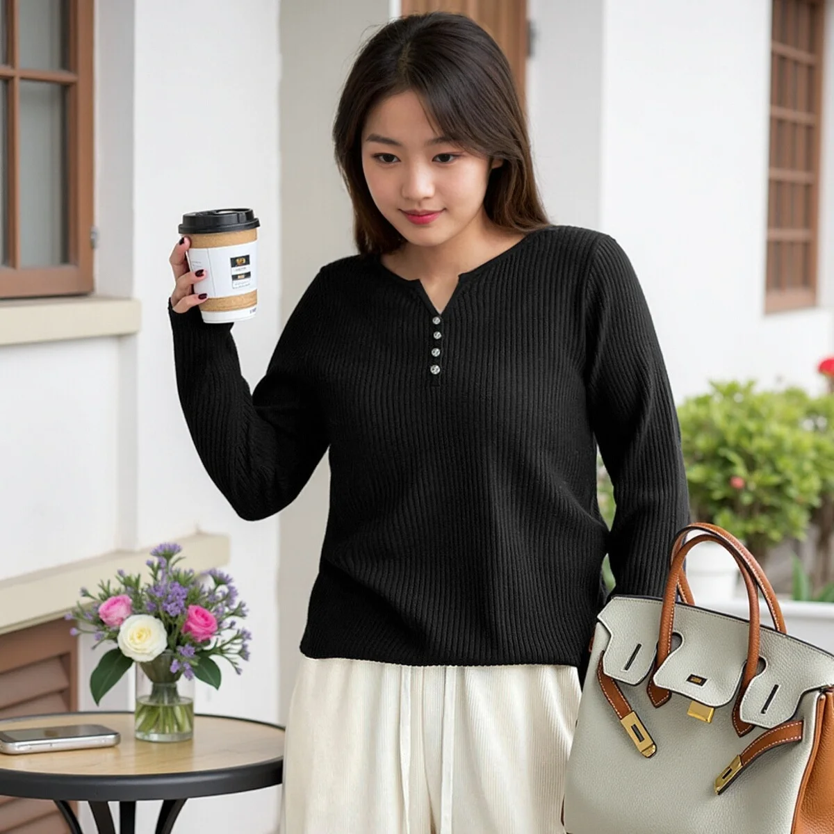 Plus size, autumn and winter outerwear base shirt V-neck button versatile knit T-shirt 3475