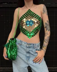 Green PMMA Beaded Short Camis Backless Neck Sling Shirt Tops Sexy Women Bikini Crop Night Clubwear Sequined Breast Body Chain