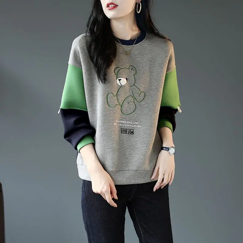 Autumn Winter Fashion Round Neck Women's Cartoon Sweatshirts Casual All-match Long Sleeve Contrast Color Tops Female Clothing