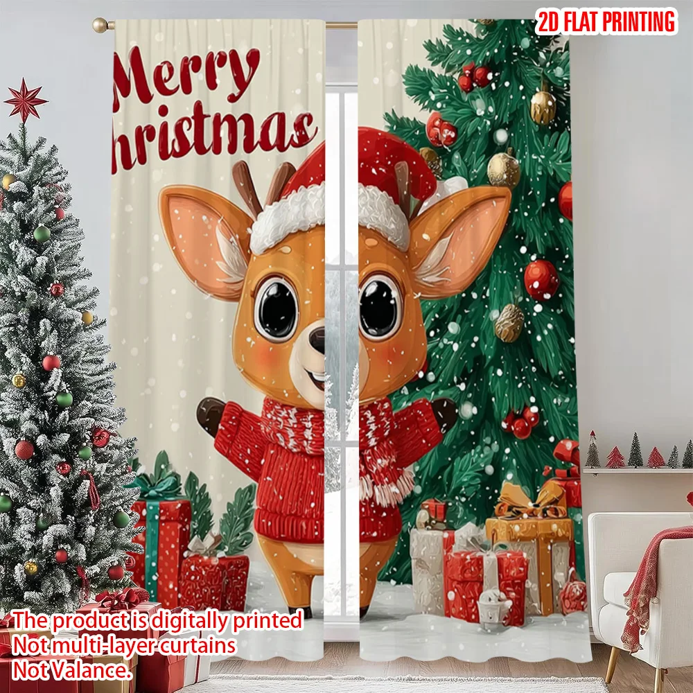 

2pcs 2D flat printing Merry Christmas Party Curtains Reindeer snowflakes Durable Polyester Without Electricity Festive Holiday