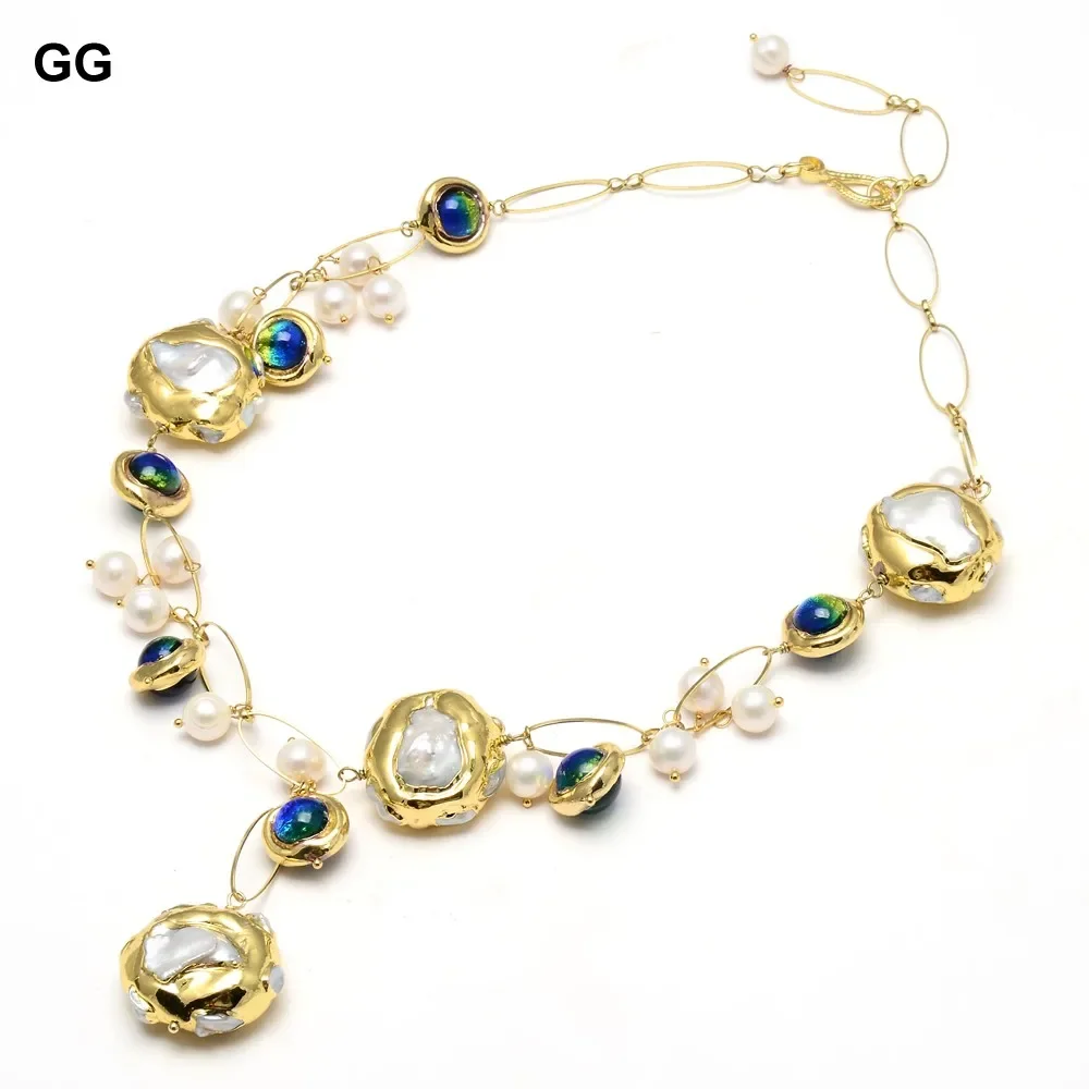 

GG Freshwater Cultured White Keshi Pearl Blue Murano Glass Necklace 21" For Women