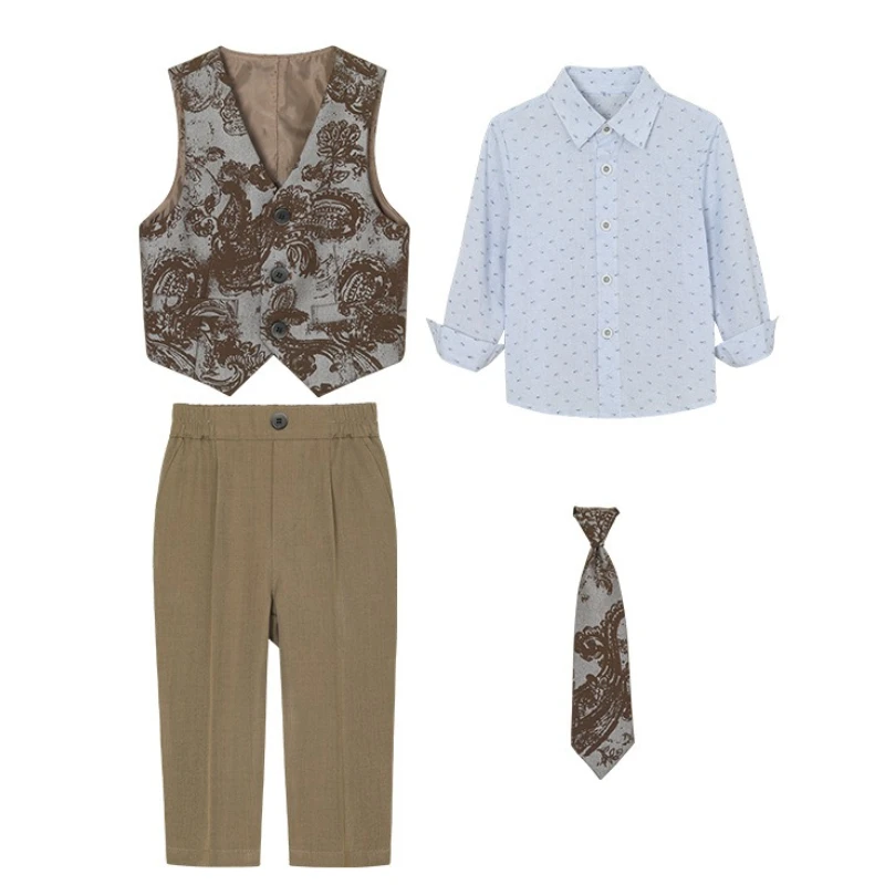 

Boys Vest Suit Fashion Print British Birthday Tuxedo Outfits Spring School Teen Kids Host Performance Costume Boy Clothes Set