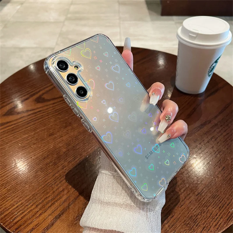 Holographic Laser Love Heart Transparent Case for Samsung Galaxy A57 A37 A17 A56 A36 A55 A54 Gradient Colorful Airbag Cover