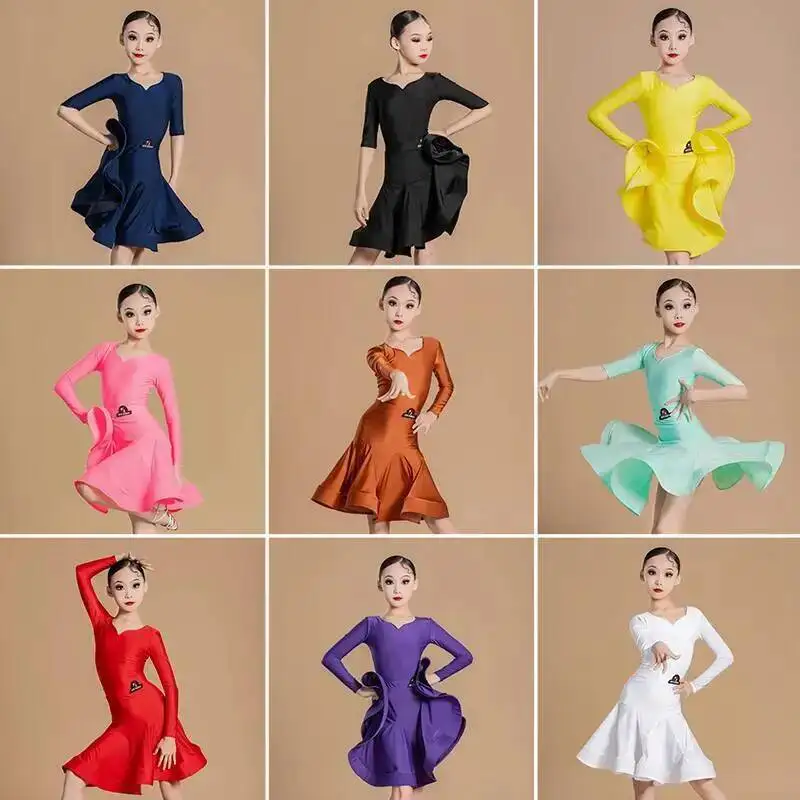 

latin american dance dress V Neck long Sleeve girls cha cha samba rumba kids Child ballroom competition costume practice wear