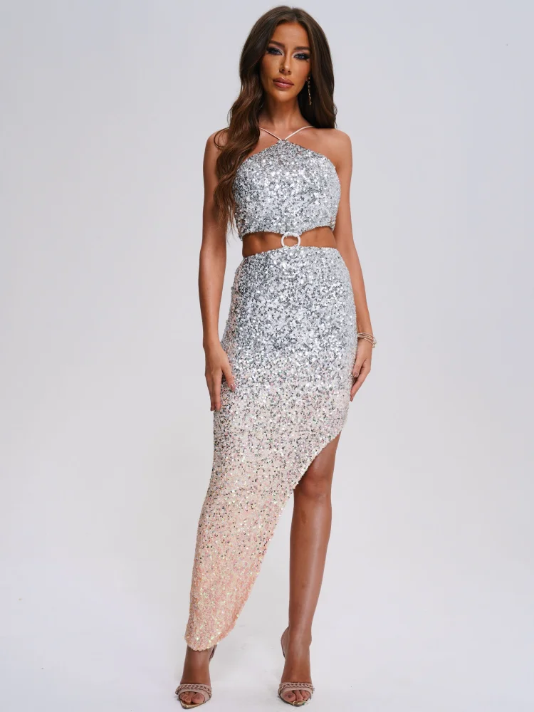 2023 Women Sexy Sleeveless Sparkly Sequins Gradient Silver Color Midi Bodycon Bandage Dress Elegant Evening Club Party Dress