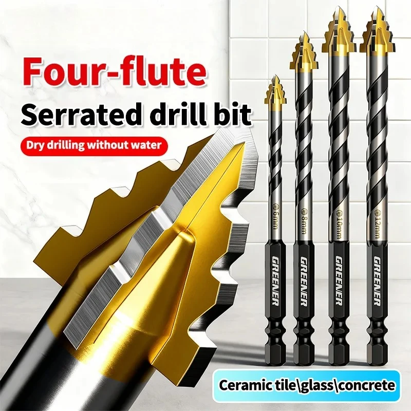 6-12mm Four Edged Serrated Eccentric Drill Bit Super Hard for Tile Glass Ceramic Concrete Marble Metal Dry Drilling
