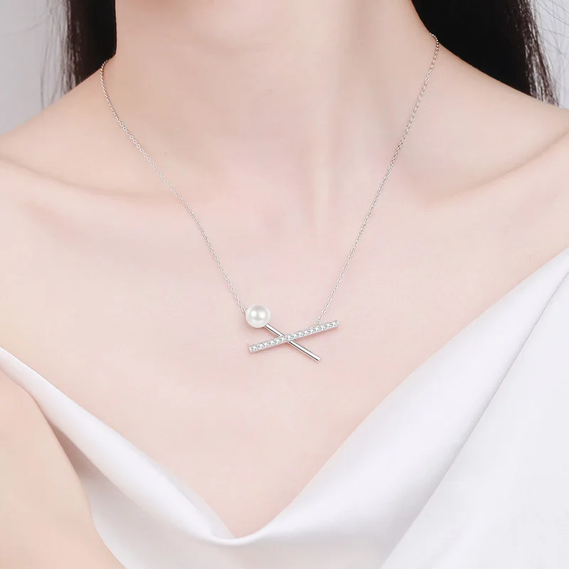 

S925 Pure Silver Freshwater Pearl Necklace Cross Pendant Collarbone Chain Accessory