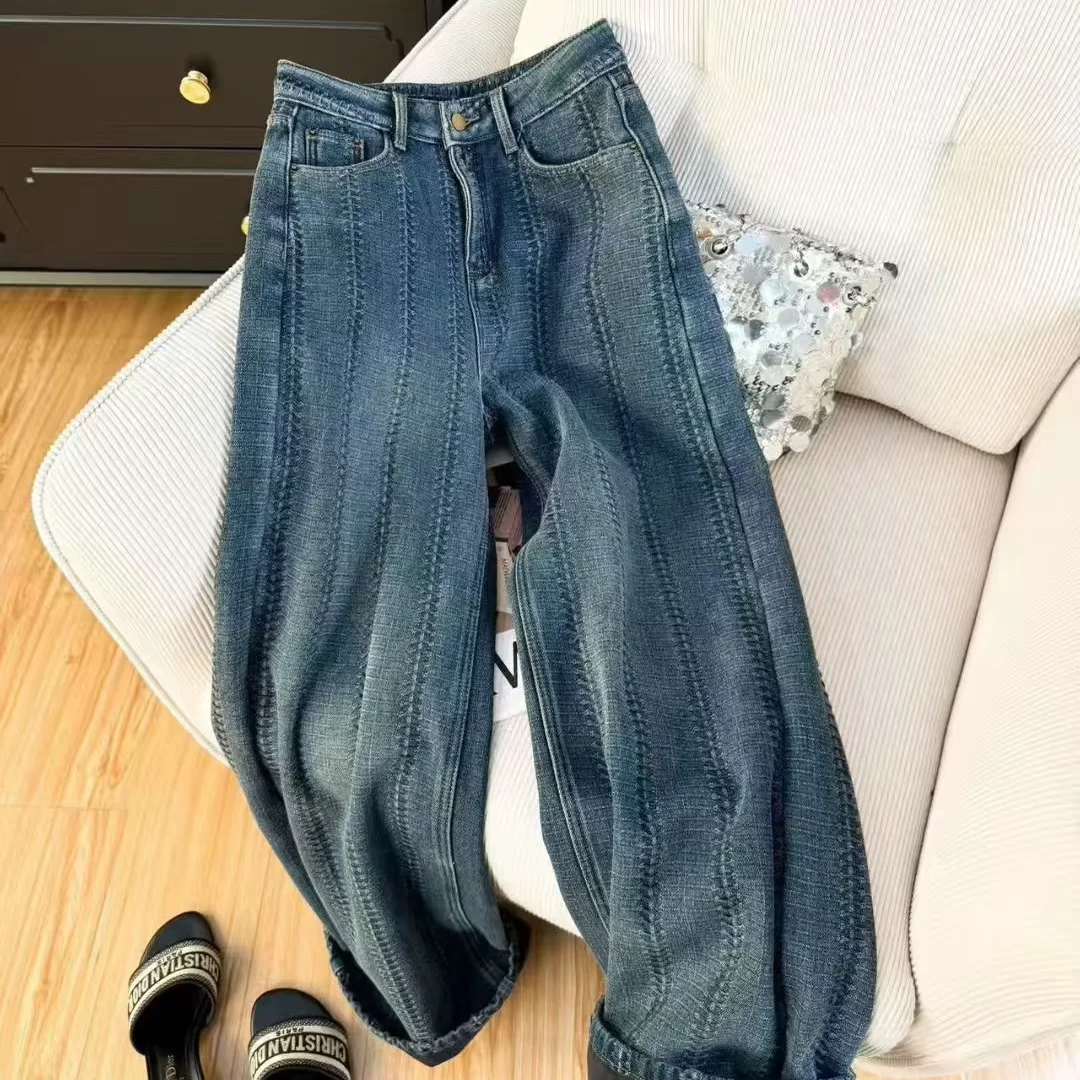 High Waist Wide Leg Denim Jeans Women's Casual Knitted Texture Heavy Weave Design Summer Loose Fit Soft Denim Cotton Pants