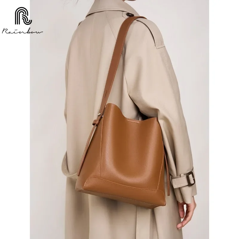 

RAINBOW Ladies Split Leather Bucket Shoulder Bags Female Commute Messenger Adjustable Shoulder Strap Women Casual Handbag