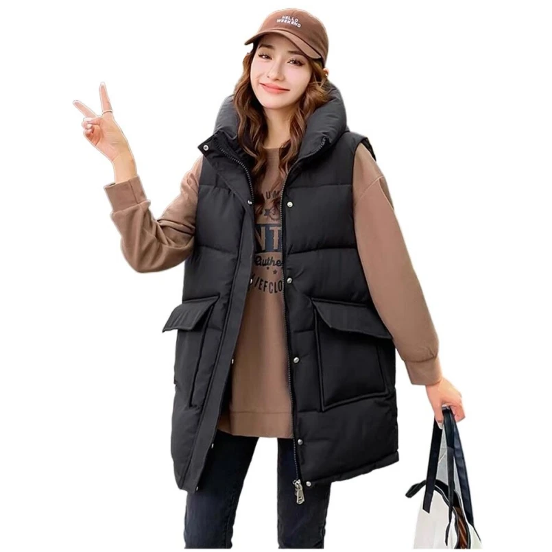 Autumn Winter New Women Chic Stand Collar Ultra Light Down Hooded Long Vests Big Pocket Casual Solid Streetwear Ladies Waistcoat