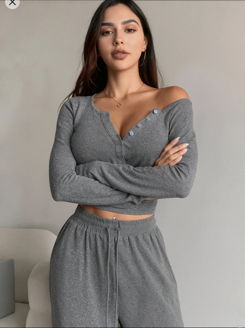 

Женский модный пижамный комплект, сексуальный укороченный топ с глубоким v-образным вырезом и пуговицами, свободные брюки, осенняя одежда для дома из дышащей ткани