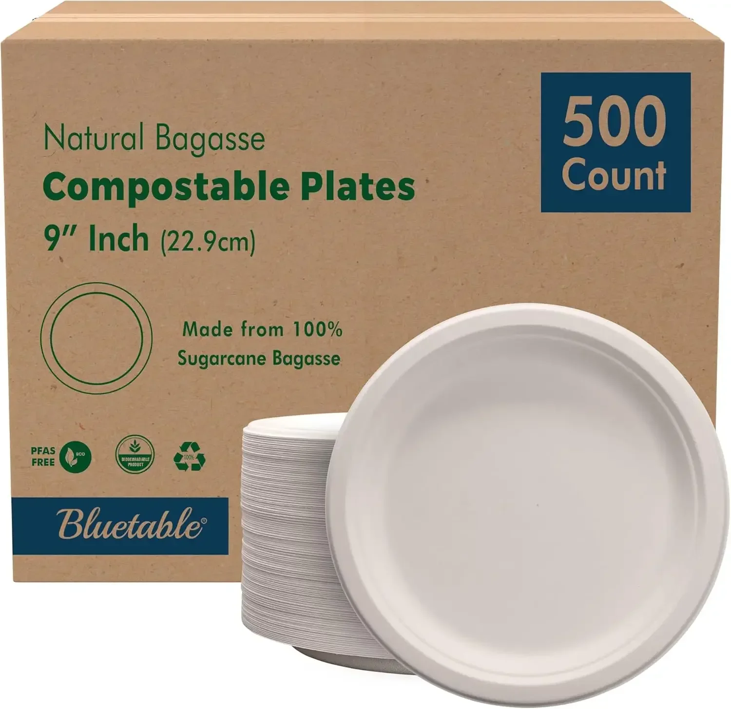 

Compostable Paper Plates 9 Inch Bulk Plates [500 Case Pack] - Biodegradable Made from 100% Sugarcane - Heavy Duty Disposable - E