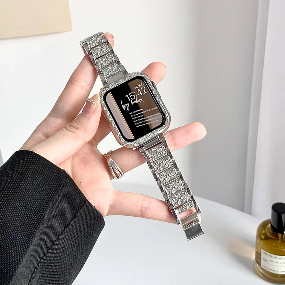 Diamond Case+Strap For Apple Watch Series 8 7 41mm Ultra 49mm 45mm Stainless Steel Band for iwatch 8 se 6 5 4 3 40 44mm 38 42mm