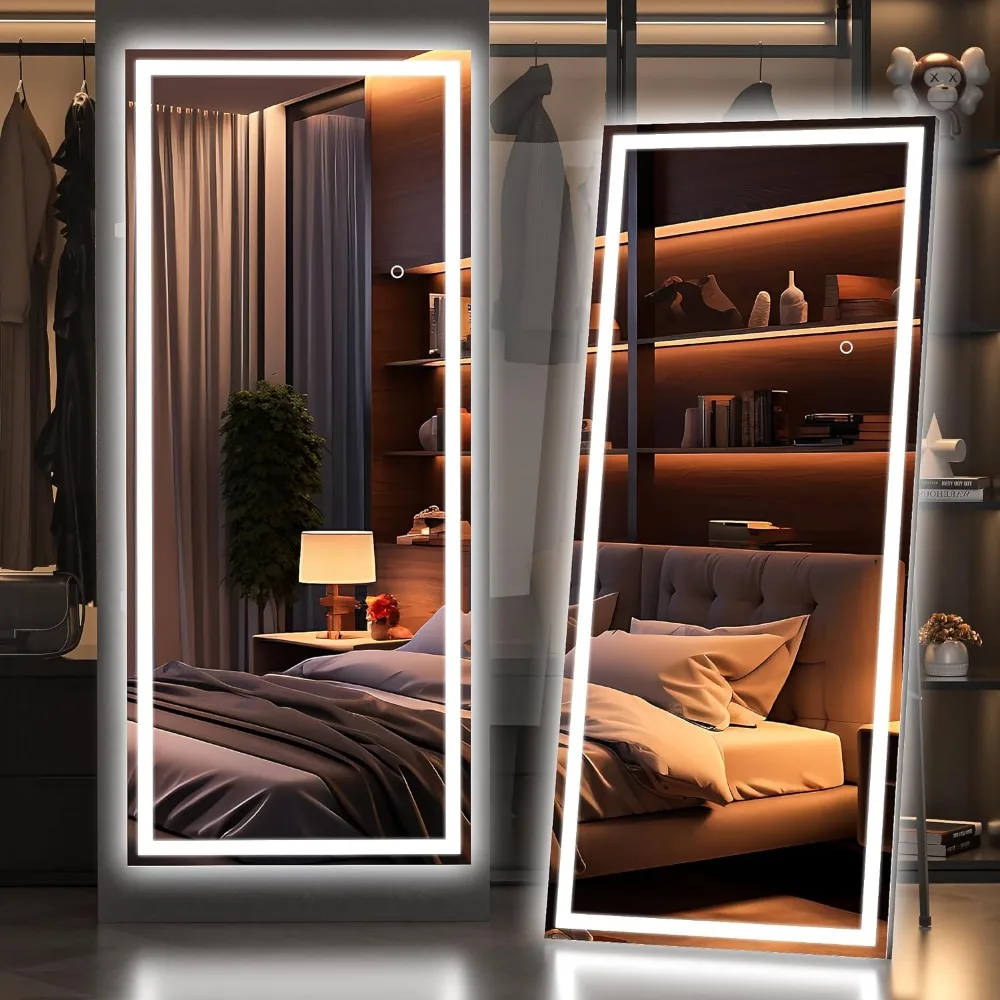 

Tempered Lighted Floor Standing LED Mirror Full Length, Full Body Mirror with Dimming & 3 Color Lighting Square Black espejo