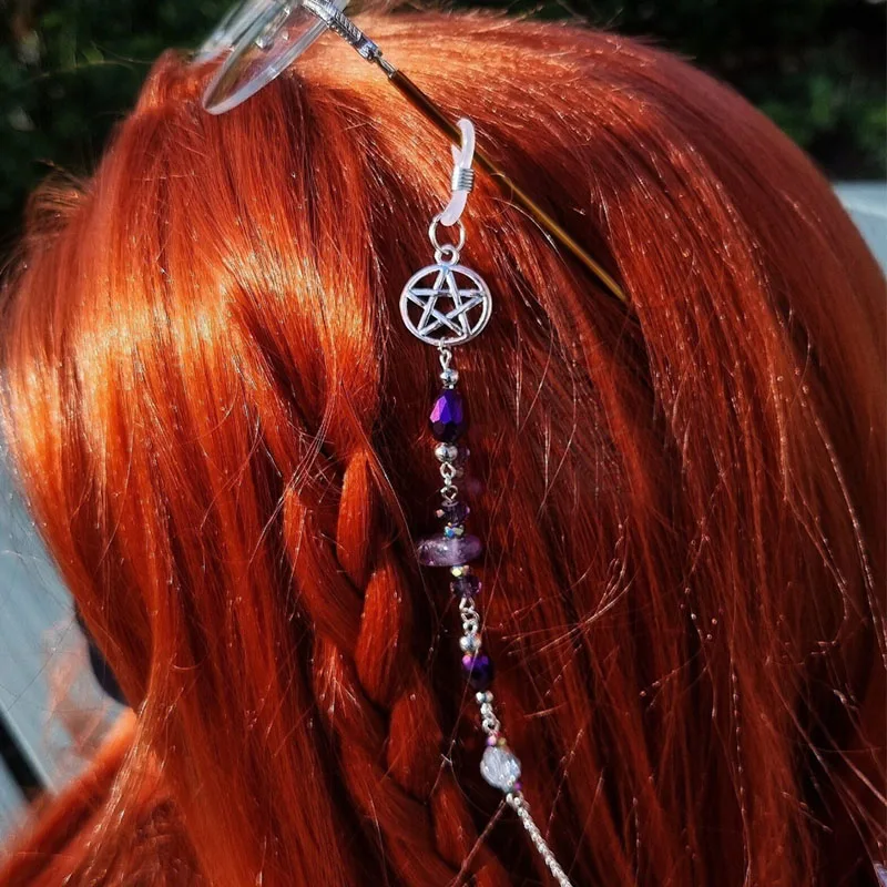 アメジスト五芒星メガネチェーン：ゴシックウィッチ風アイウェアホルダー