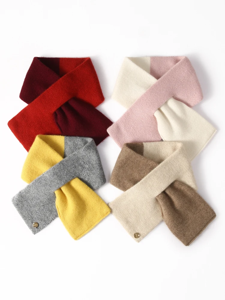 Women Pure Cashmere 2-Tone Knit Bowknot Small Keyhole Scarf Neckerchief Neck Warmer Pull-Through Mini Scarf Boutique Small Accs