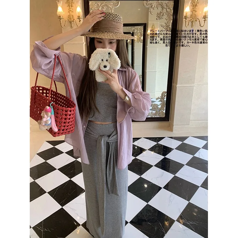 

Wu Daxiao Bellflower Love Letter Gentle Texture Slimming Sunscreen Silk Ice Cool Shirt Jacket Women's Fashion Set Autumn Casu...