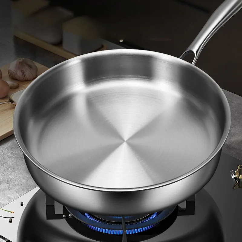 

316 Stainless Steel Flat Bottomed Uncoated Frying Pan, Household Small Non Stick Pan, Electromagnetic Stove Special Stir Fry Pan