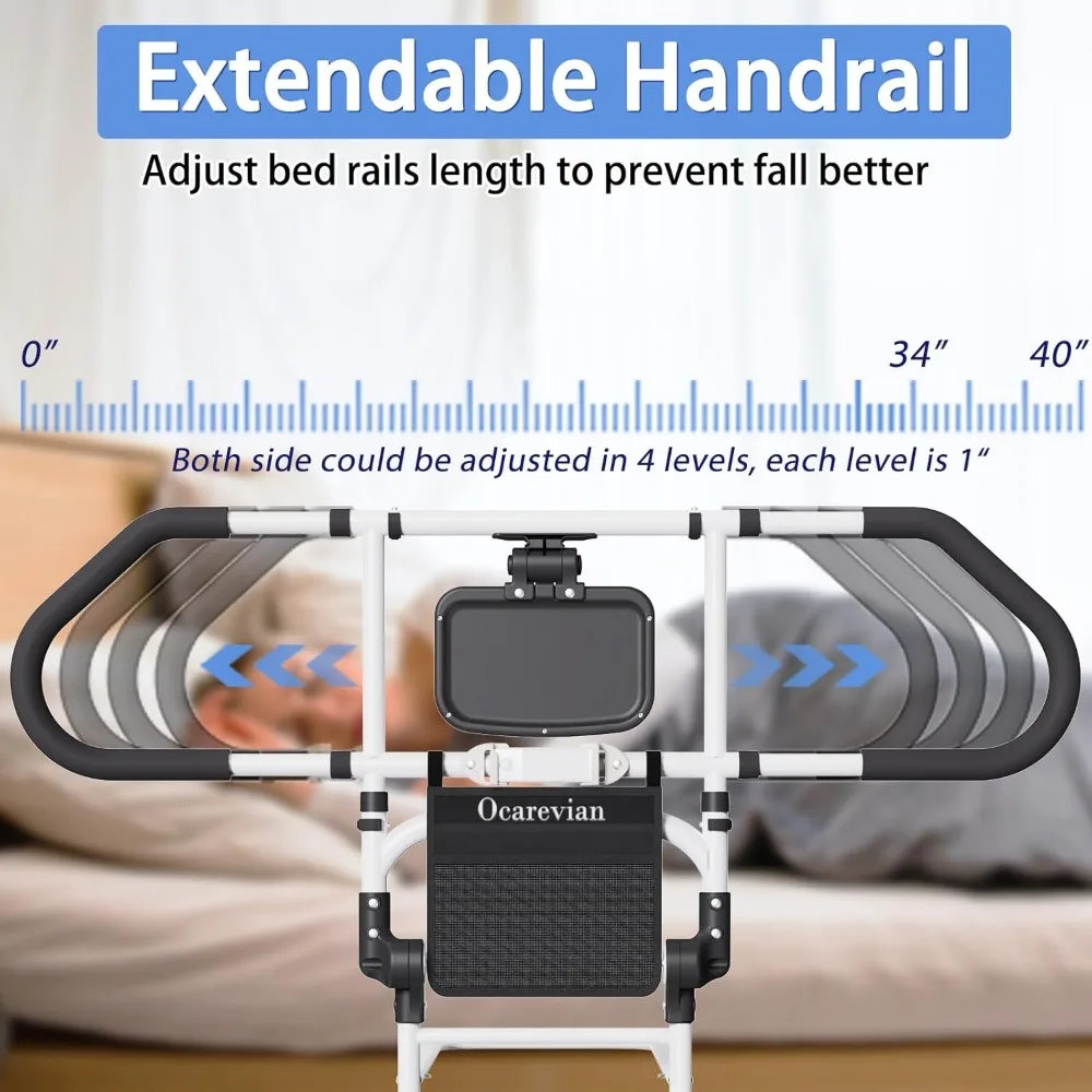 قضبان السرير لكبار السن والكبار، حاجز مساعدة لسلامة السرير لكبار السن، حاجز سرير قابل للطي مع جيب تخزين، خفيف، قضبان سرير