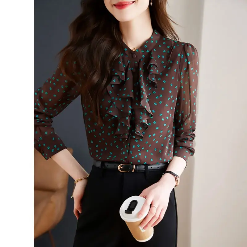 Women French Style Ruffles Floral Printed Shirts Office Lady Elegant Fashion Chiffon Blouses Casual Long Sleeve Loose Tops Blusa