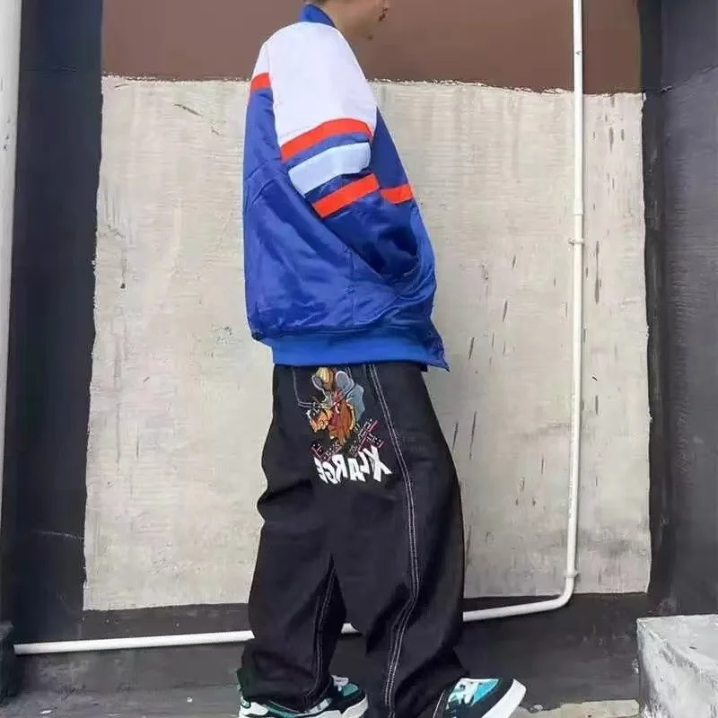 

Retro American Hip Hop Embroidered Street Dance Loose Skateboard Pants Men's Casual Straight Leg Jeans mid Waist Zipper Fly