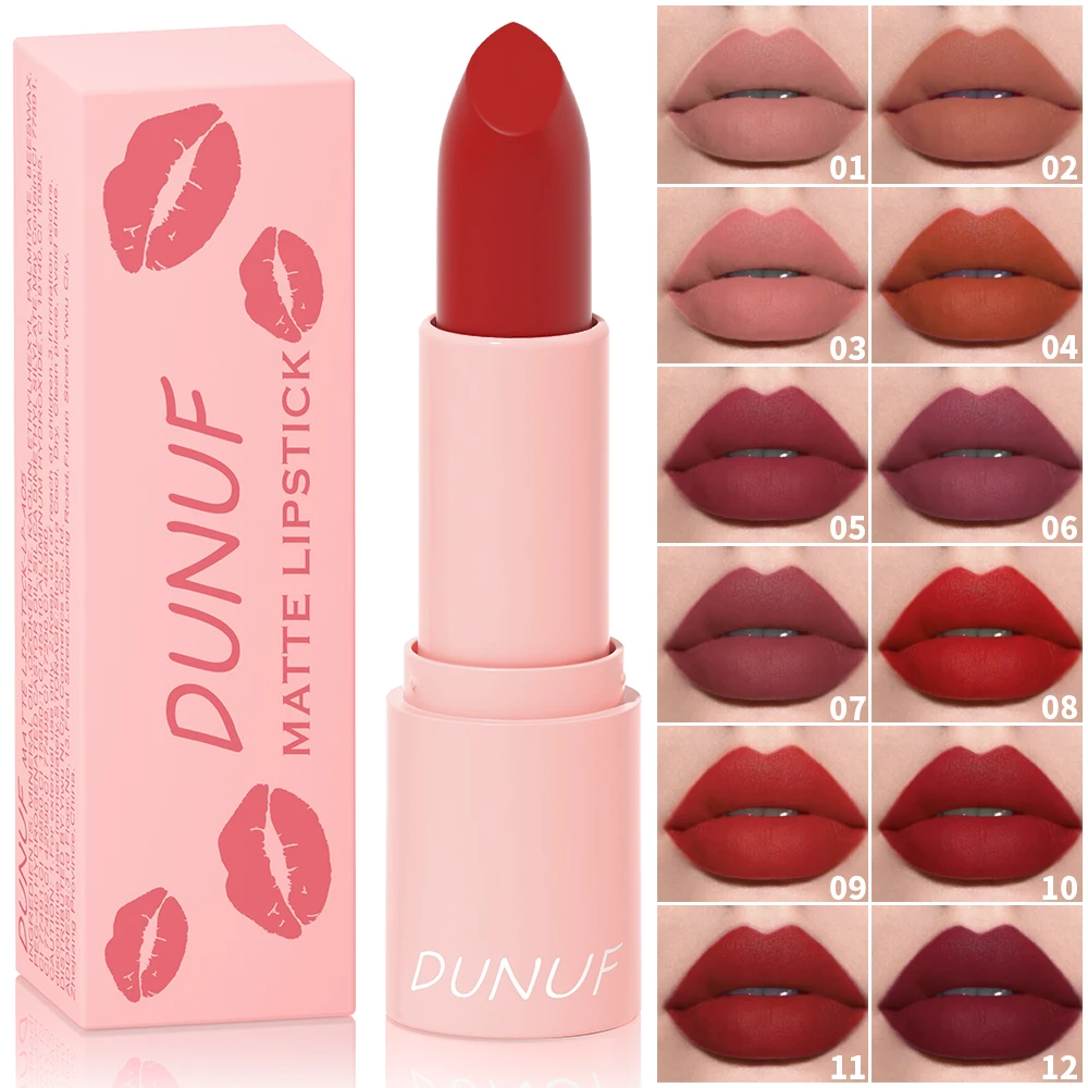 DUNUF 12 Colors Lipstick Sexy Velvet Matte Lip Tint Long Lasting Waterproof Non-stick Cup Beauty Lip Stain Makeup For Women