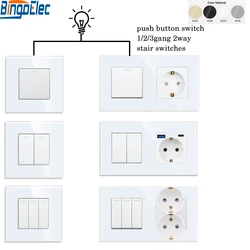 Bingoelec Stair Switch 1/2way Wall Light Push Button Switch with 3.1A USB Socket Glass Panel Two-way Control Home Improvement
