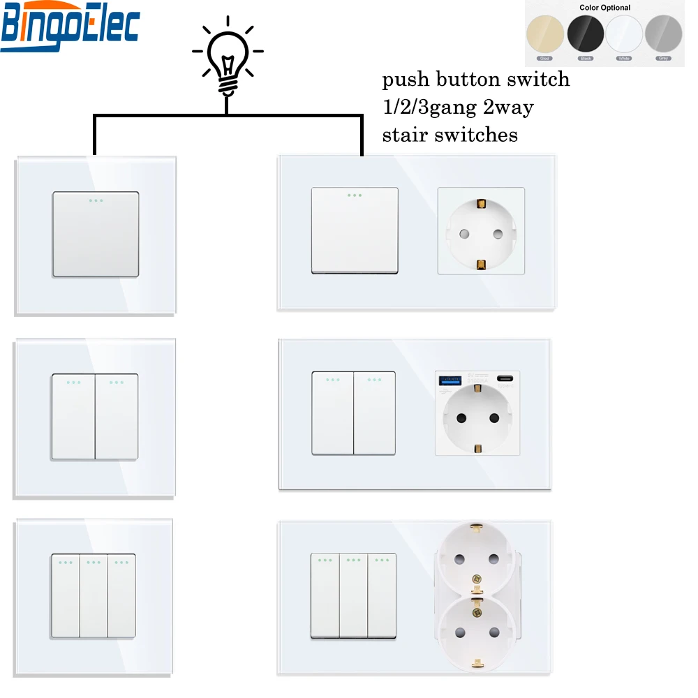 Bingoelec Stair Switch 1/2way Wall Light Push Button Switch with 3.1A USB Socket Glass Panel Two-way Control Home Improvement