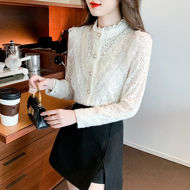 Fashion Ruffles Stand Collar Apricot Lace Blouse Shirt Women Tops Shirts Blusas Mujer De Moda 2024 Long Sleeve Blouse Women H25