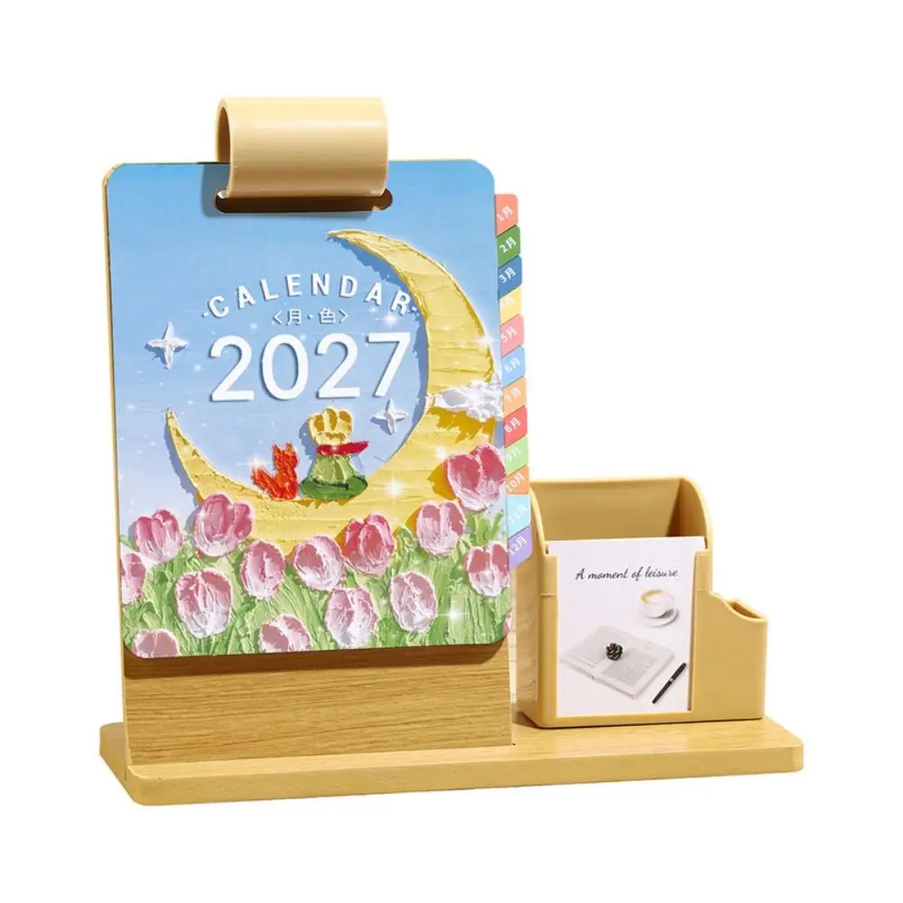 Practical Wood 2027 Desk Calendar Multifunctional Creative 2027 Calendar Organizer Pen Holder Desktop Planner Stand Office Use